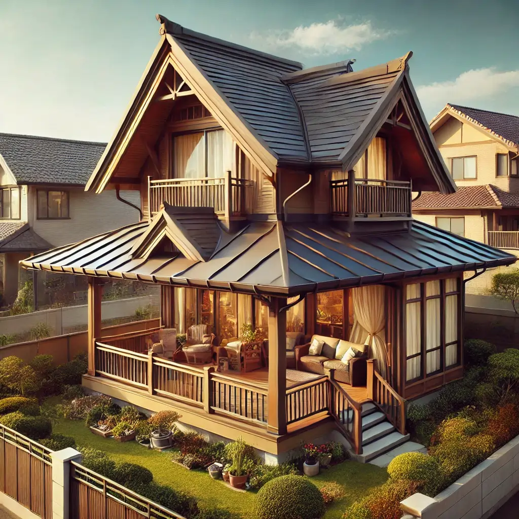 A house with a bonnet roof and a covered porch area.