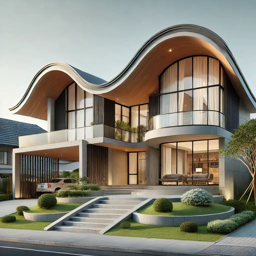 A modern house with a curved roof in a contemporary neighborhood.