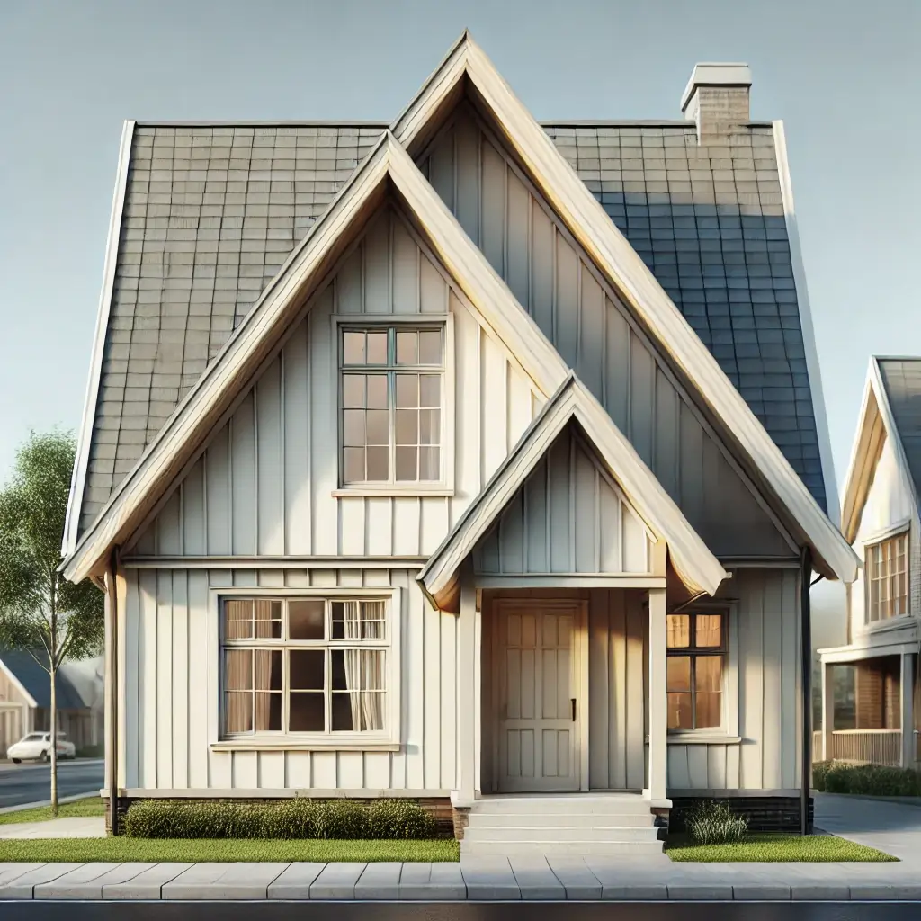 A classic gable roof house with two sloping sides meeting at a ridge.