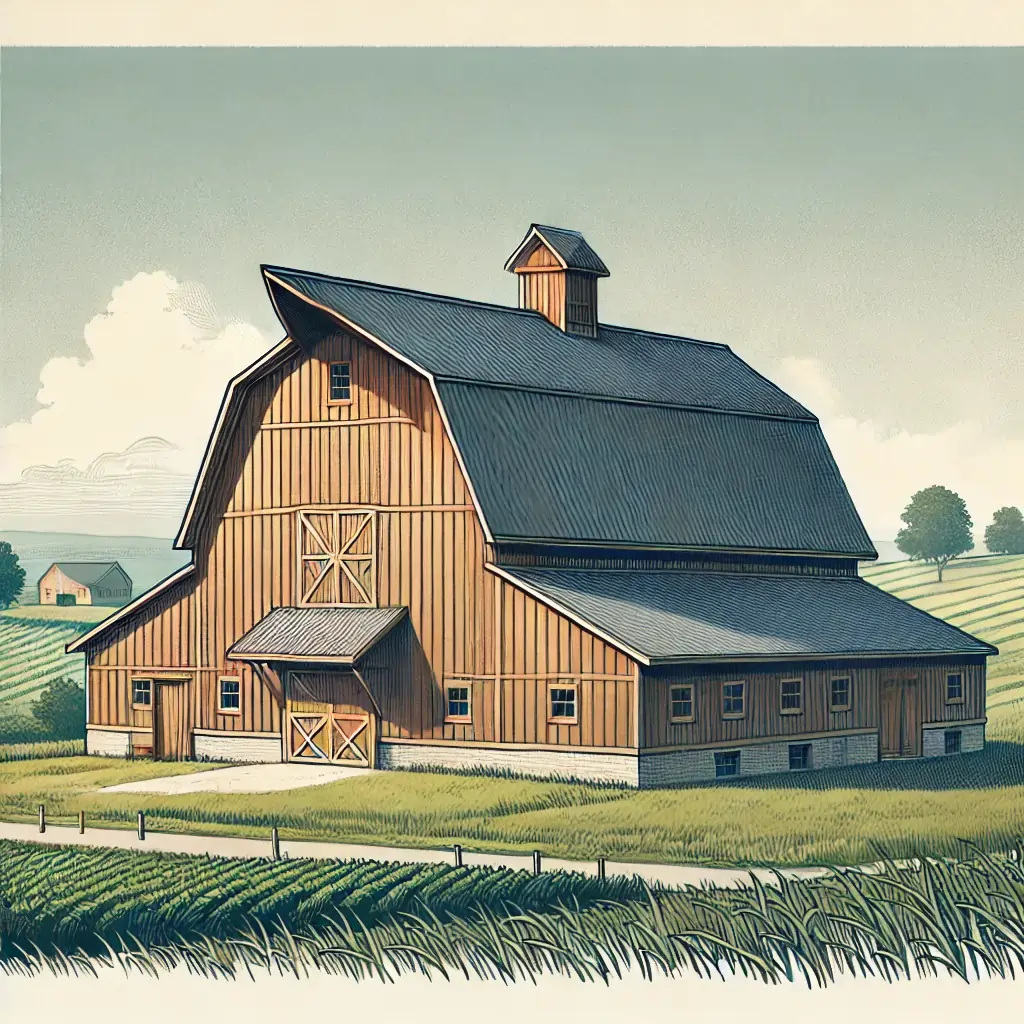 A barn with a gambrel roof in a rural landscape.