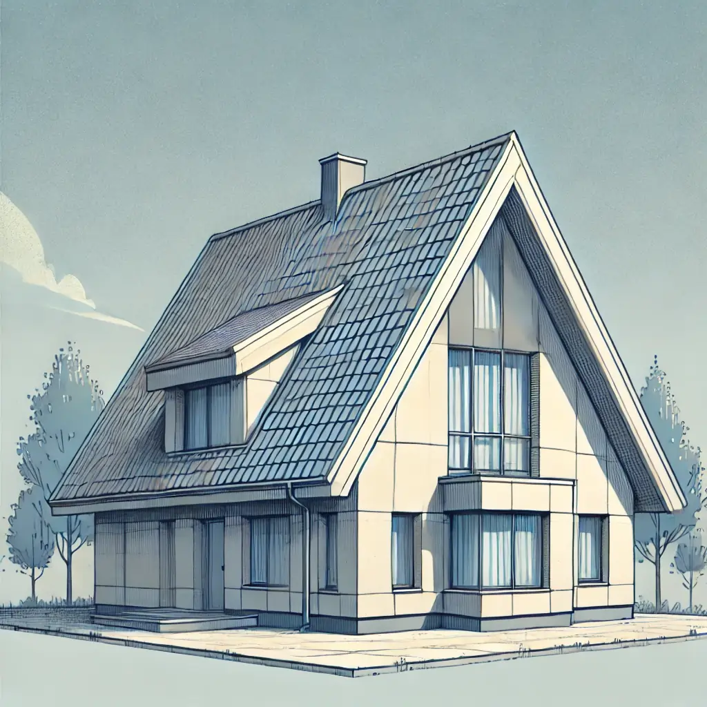 A hip roof house with all sides sloping downwards to the walls.