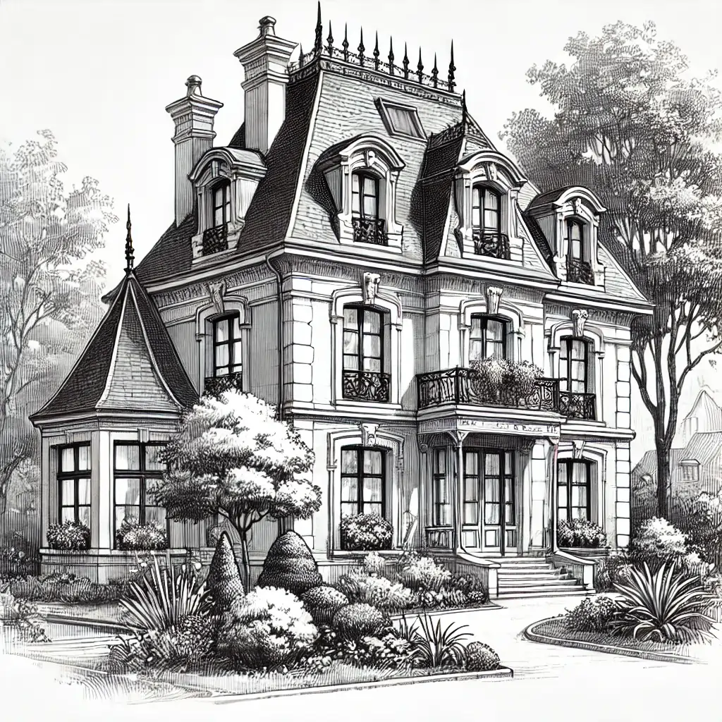 An elegant house with a mansard roof in a lush garden.