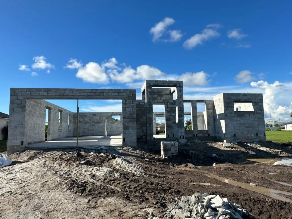 Front view of masonry home prior to trusses installation.