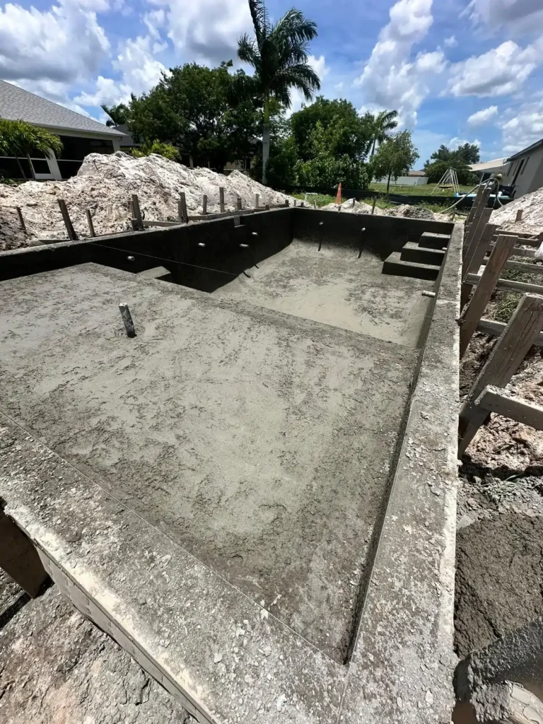 Concrete pool under construction viewed from a different angle.