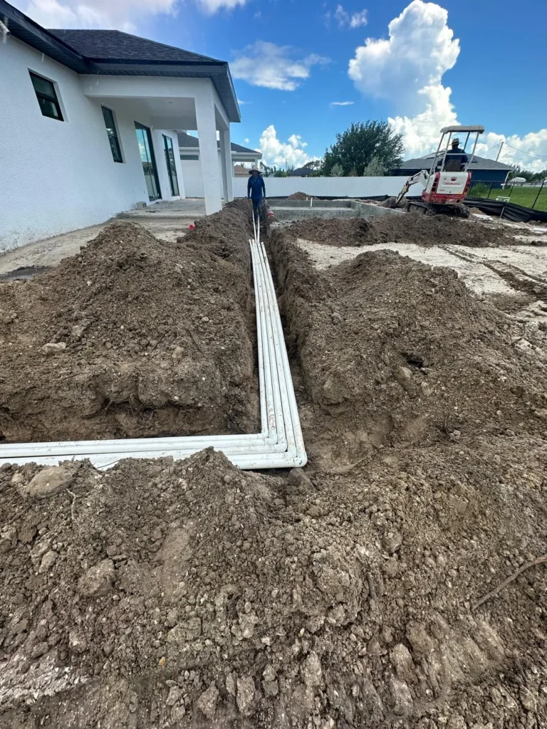 Worker organizing pool piping in trenches around a house.