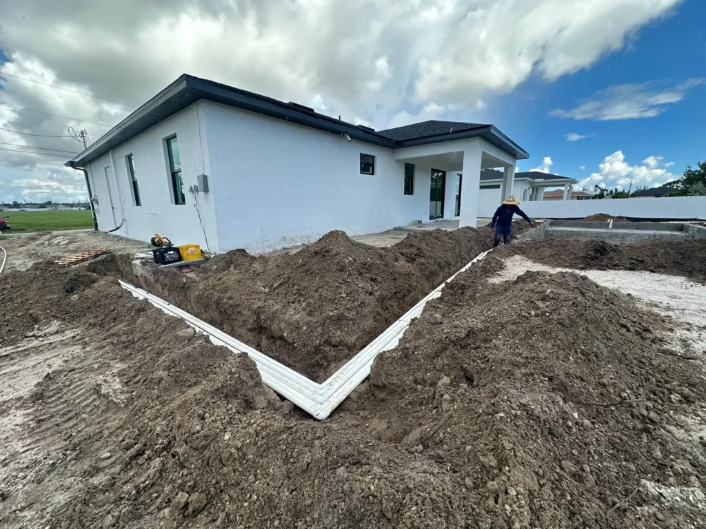 Pool piping extending from the pool area to the side of the house.