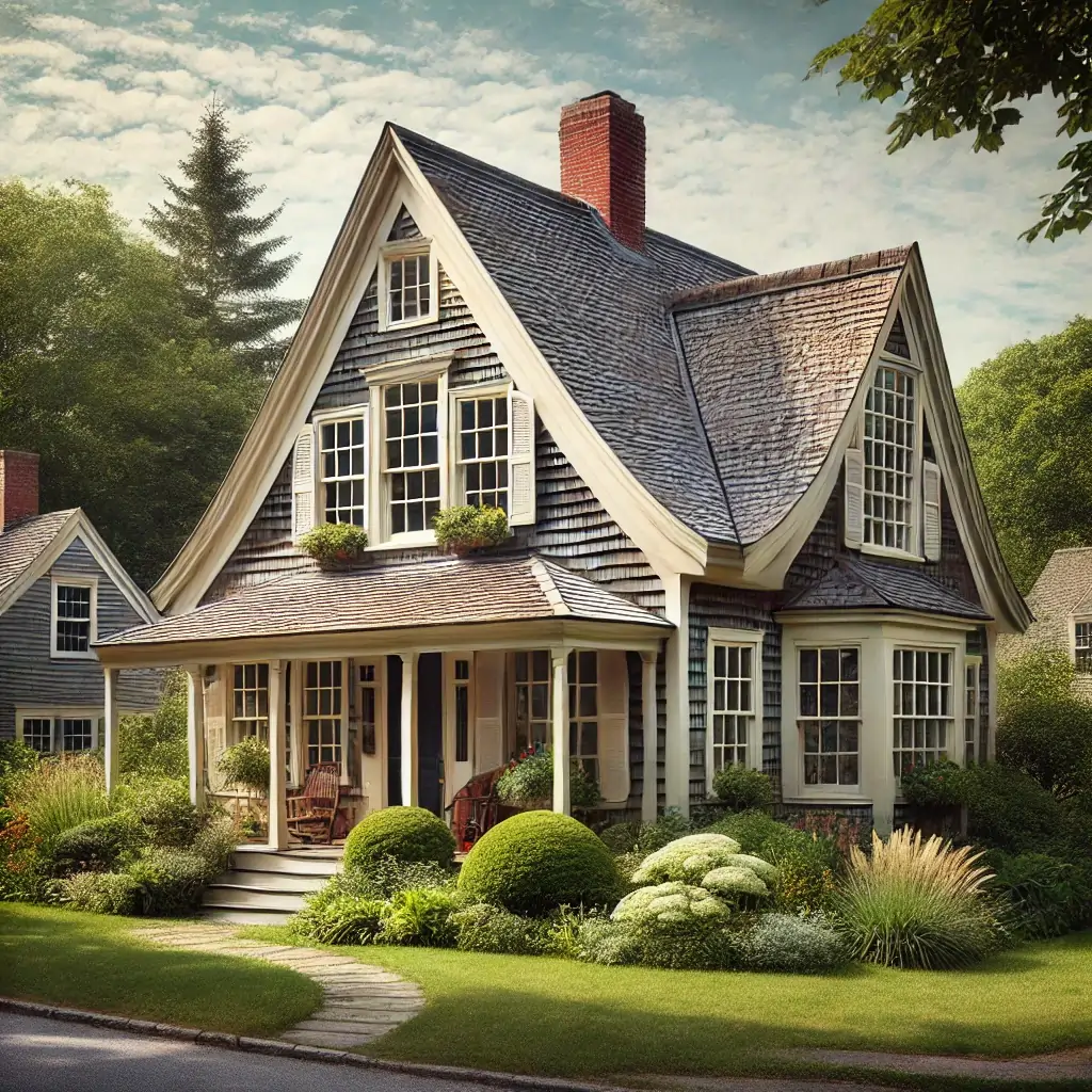 A historical house with a saltbox roof in New England.