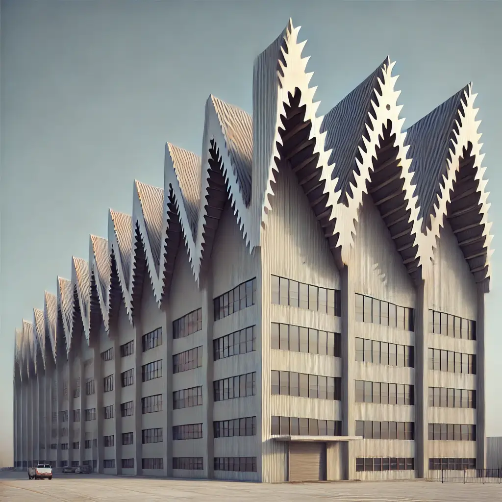 An industrial building with a sawtooth roof in an industrial area.