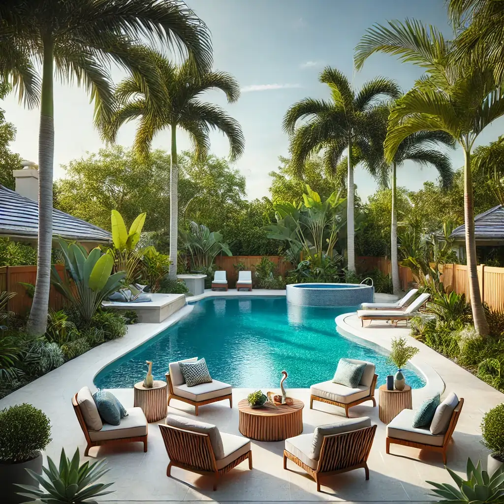 contractor gives pool estimate for building a serene backyard in Southwest Florida with a beautifully designed swimming pool, clear blue water, stylish poolside furniture, and lush tropical greenery, including palm trees.