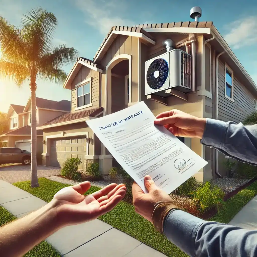 Technician handing over HVAC warranty paperwork to a new homeowner in a sunny Florida neighborhood.