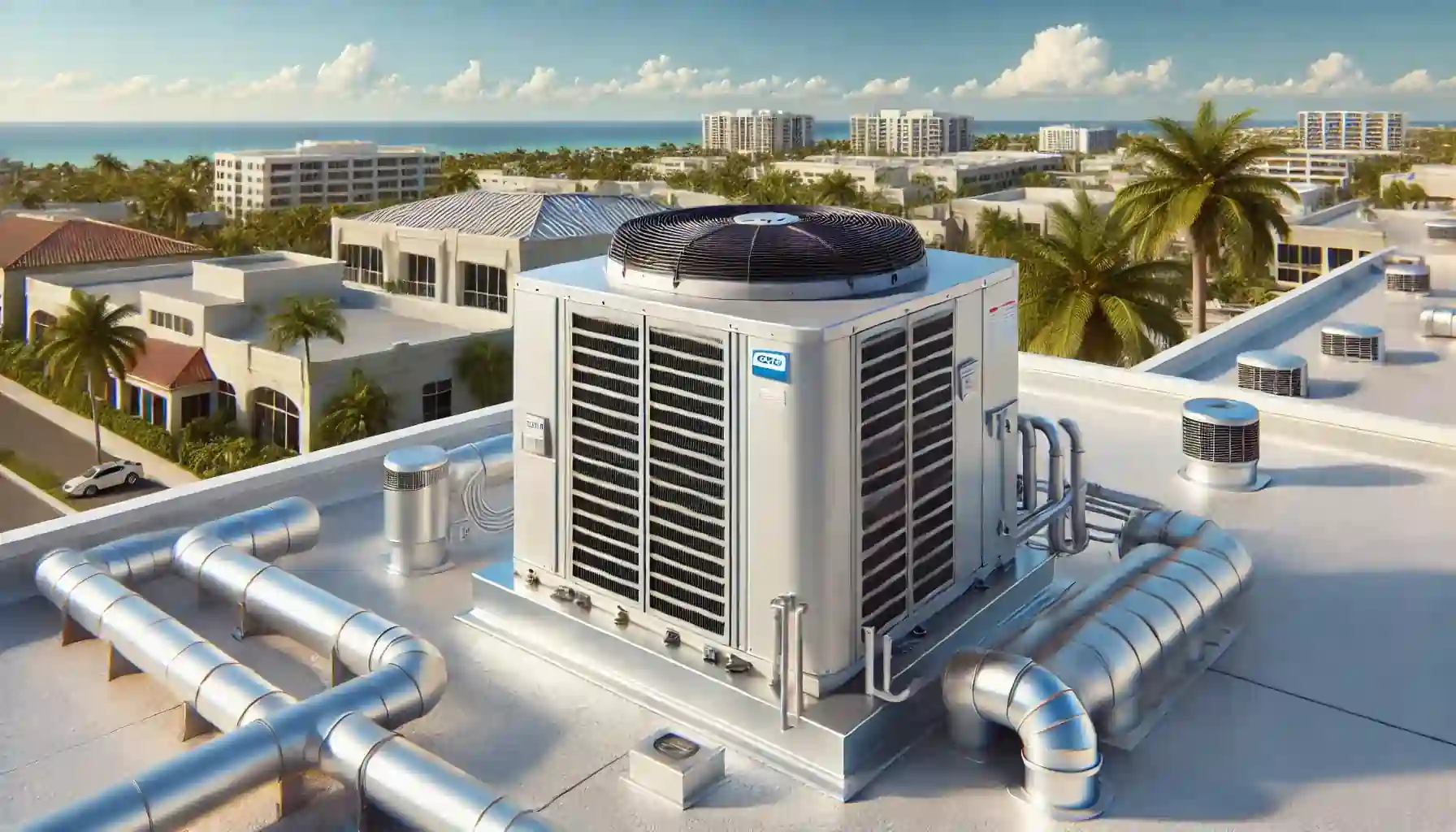 Air conditioning contractor installed ac unit on a modern building in Southwest Florida with palm trees and cityscape in the background.