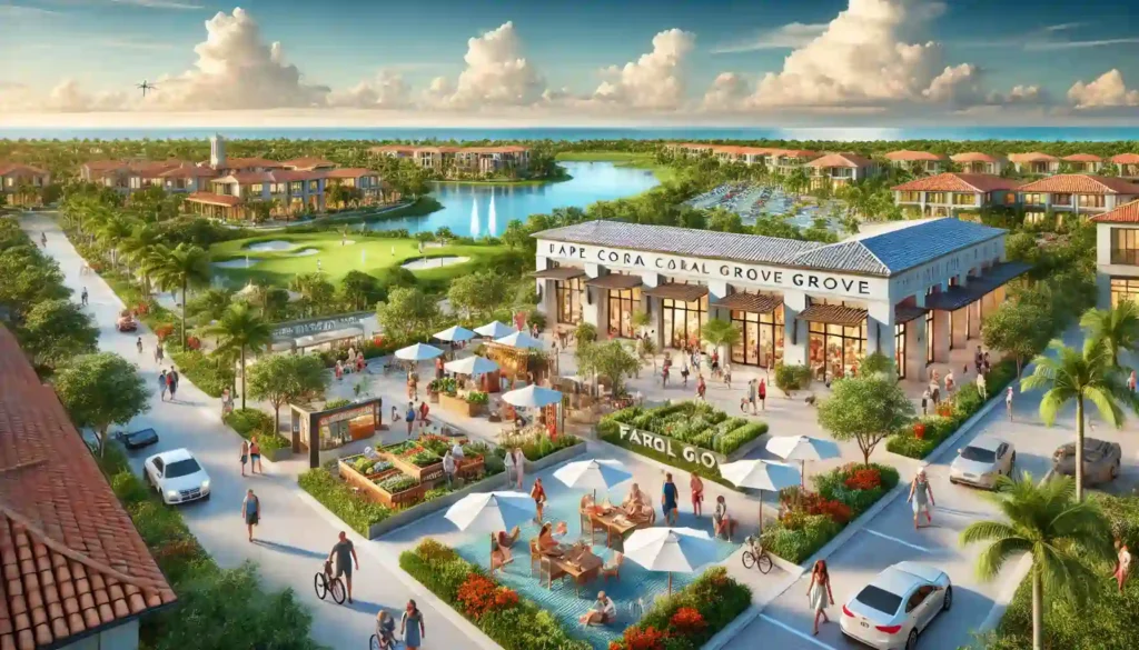 A vibrant, modern community destination with luxury hotels, fine dining restaurants, farmers markets, and unique local shops. People are relaxing and enjoying various amenities with a backdrop of beautiful beaches, canals, and golf courses. Clear signage indicates "Cape Coral Grove."