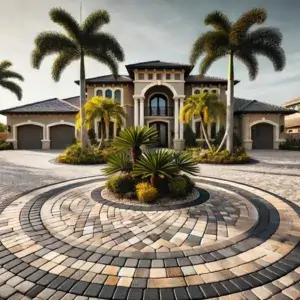 Circular brick driveway with palm trees in front of a luxurious house