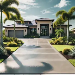 Smooth concrete driveway with modern landscaping and palm trees