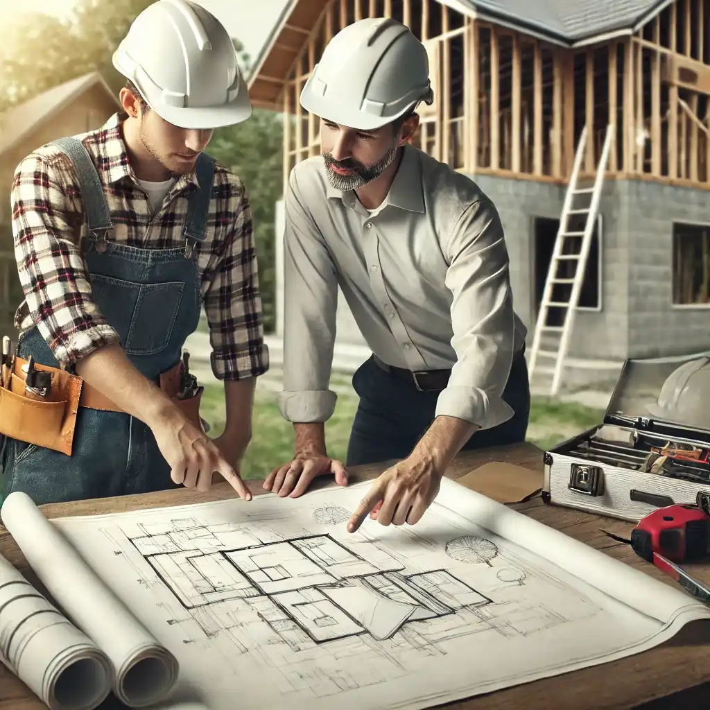 Homeowner and contractor discussing plans at a construction site with blueprints and construction materials in the background.