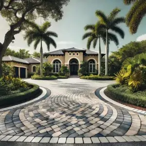 Curved paver driveway with lush landscaping and palm trees