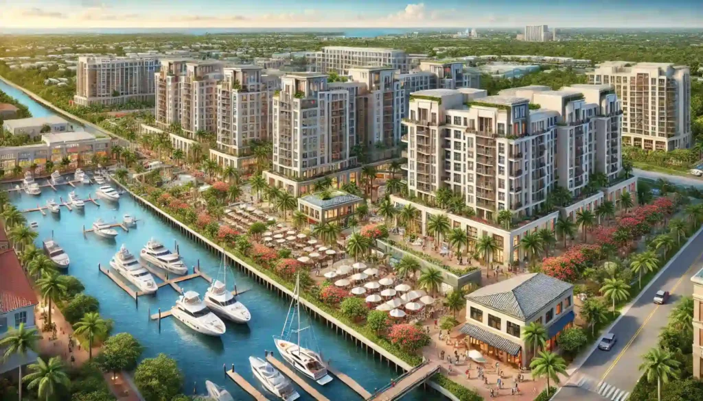 Aerial view of the Gulf Gateway Resort and Marina project in Cape Coral, featuring high-rise buildings, a marina with yachts, and lush landscaping.