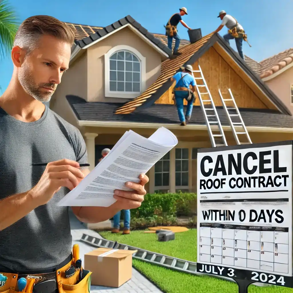 Homeowner reading a contract in front of a house with a partially repaired roof and a sign that says 'Cancel Roof Contract Within 10 Days'.