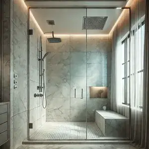 Luxurious bathroom with a modern tiled shower featuring polished marble tiles and a frameless glass door.