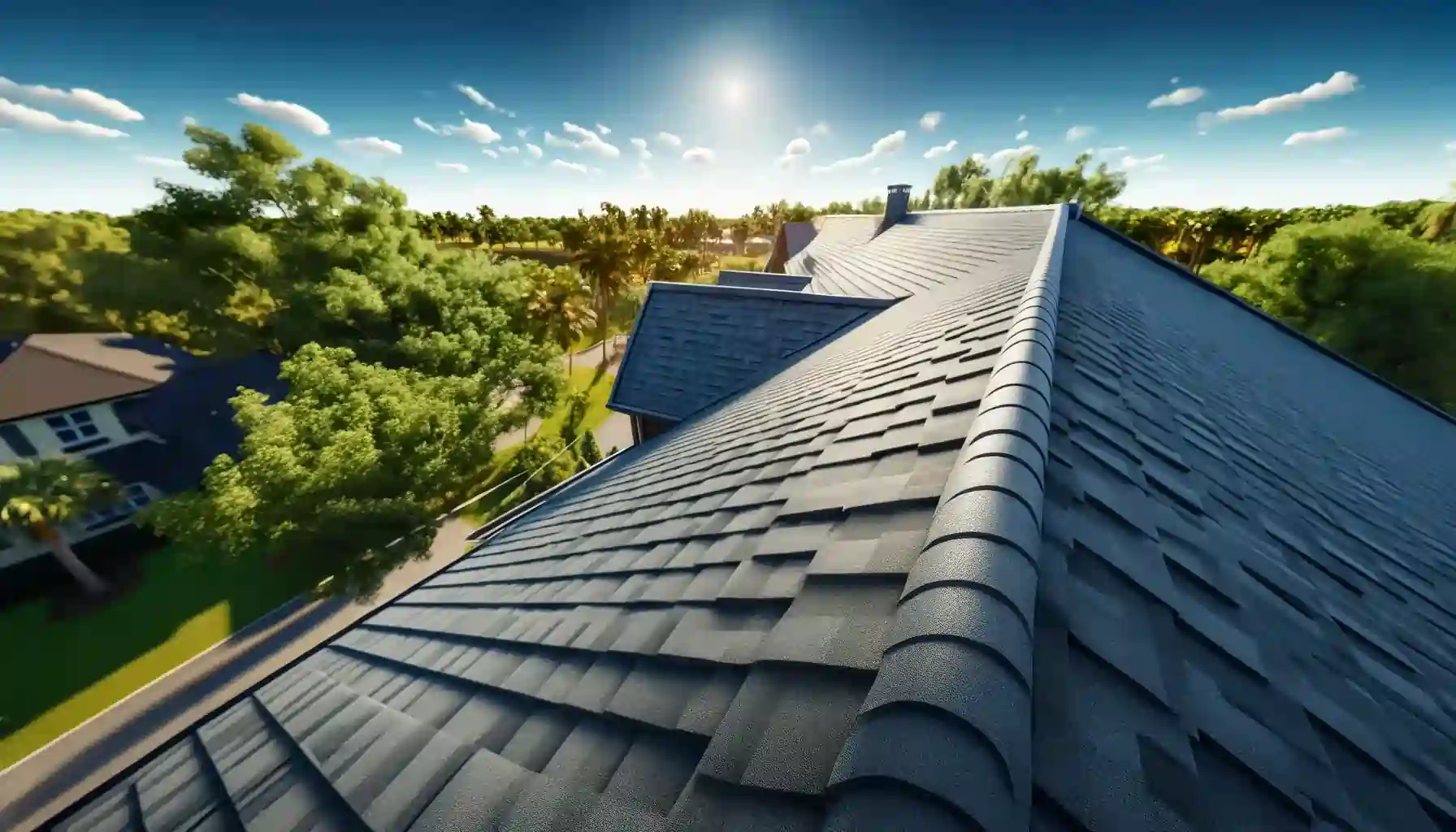 A new roof on a residential property in Southwest Florida by a licensed roofing contractor, with lush green trees and clear blue sky in the background.