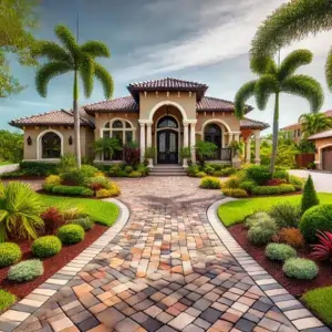 Colorful paver driveway with vibrant landscaping and palm trees