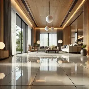 Modern home interior with shiny porcelain polished tile flooring.