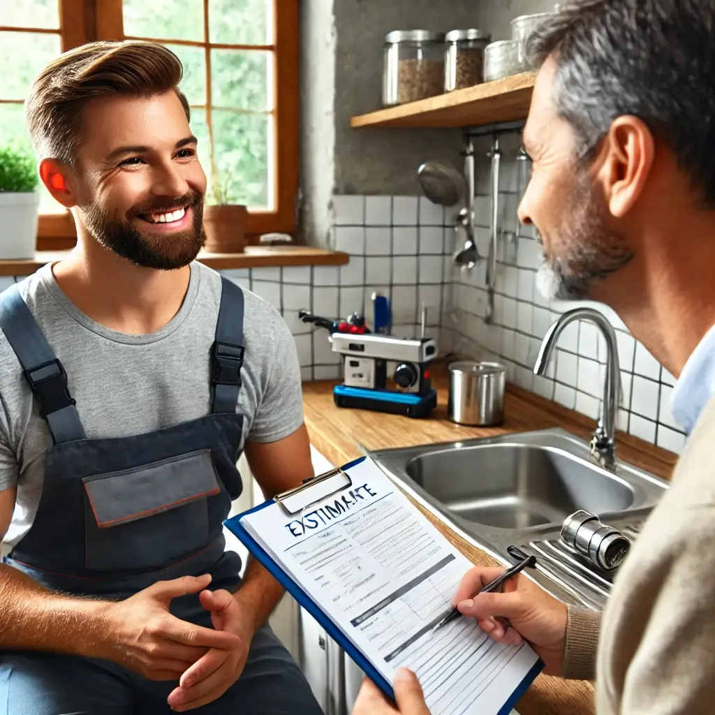 Plumber in uniform discussing plumbing estimate and project details with a homeowner in a kitchen, with tools and plumbing materials in the background.