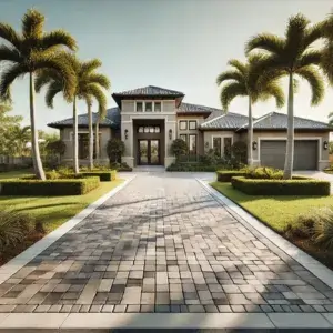 Rectangular stone driveway leading to a modern house with palm trees