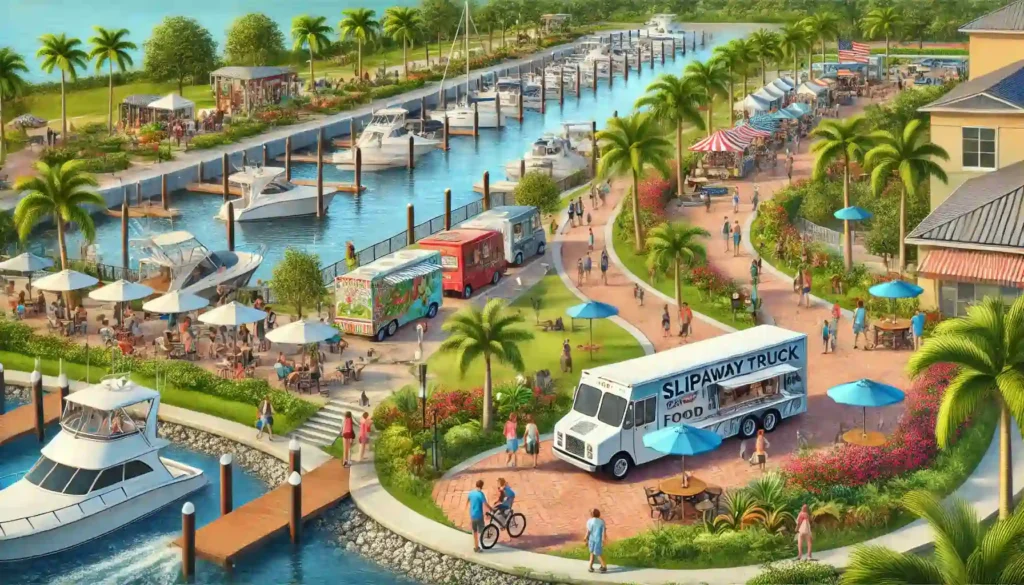 A vibrant waterfront park with food trucks, pathways, lush landscaping, and a marina filled with boats in Cape Coral.