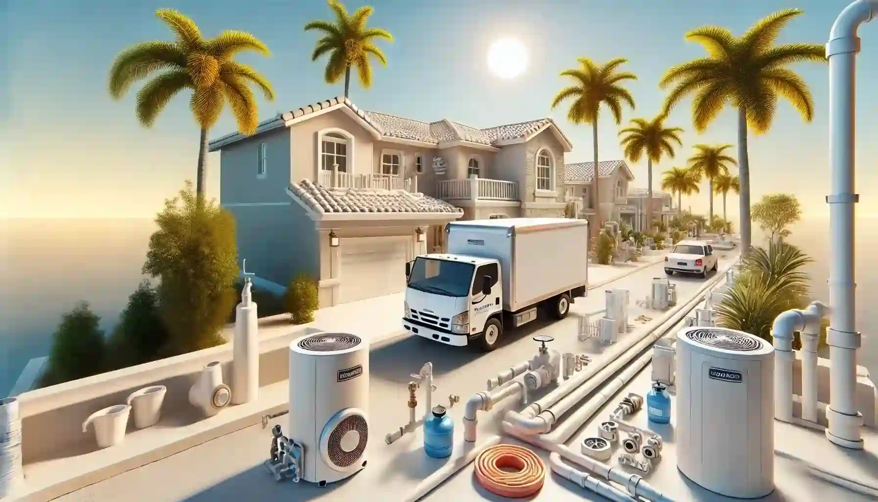 Panoramic hero image of a plumbing company in a modern residential area with palm trees, featuring plumbing elements and a truck