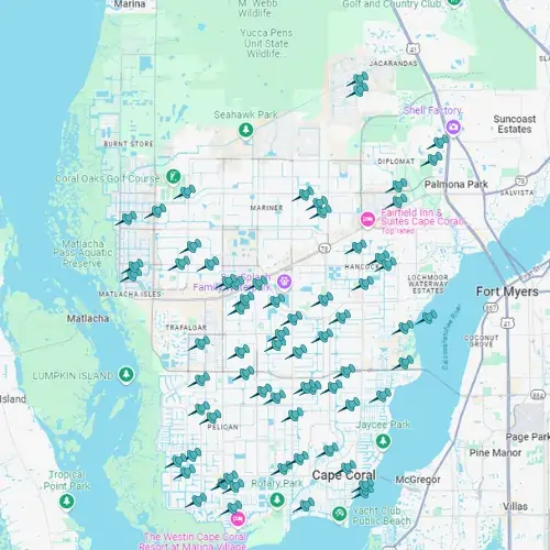 Map showing project locations in Cape Coral, Florida, where Tarpon Gulf has completed work.