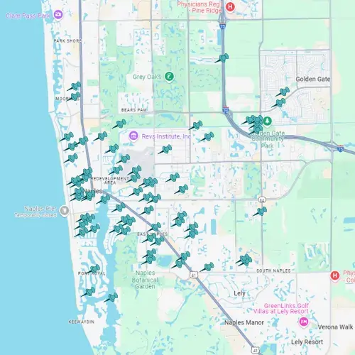 Map of Naples, Florida with pins marking completed Tarpon Gulf projects.