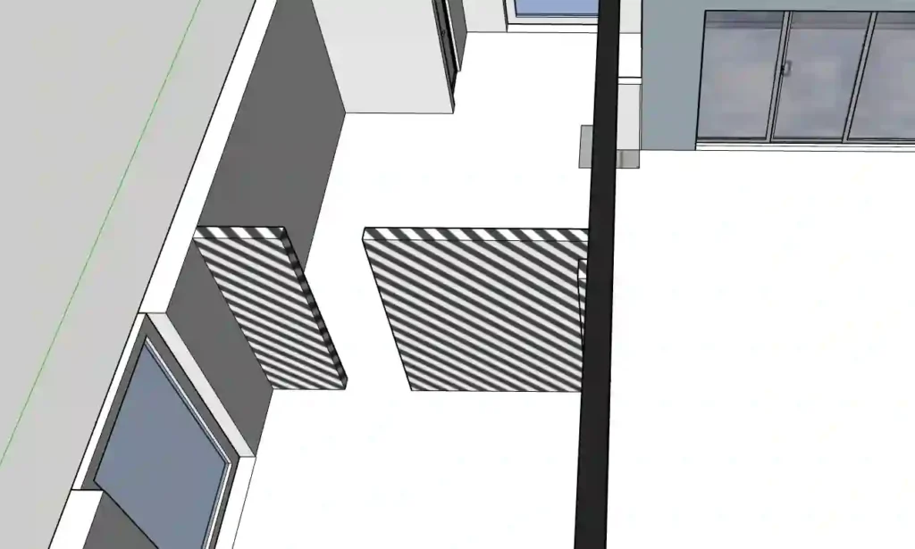 3D rendering clearly showing walls to be demolished in a renovation project.