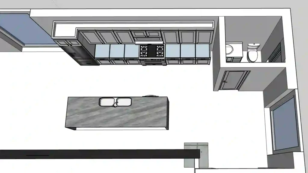 3D rendering showing the exact location of kitchen cabinets and a countertop.