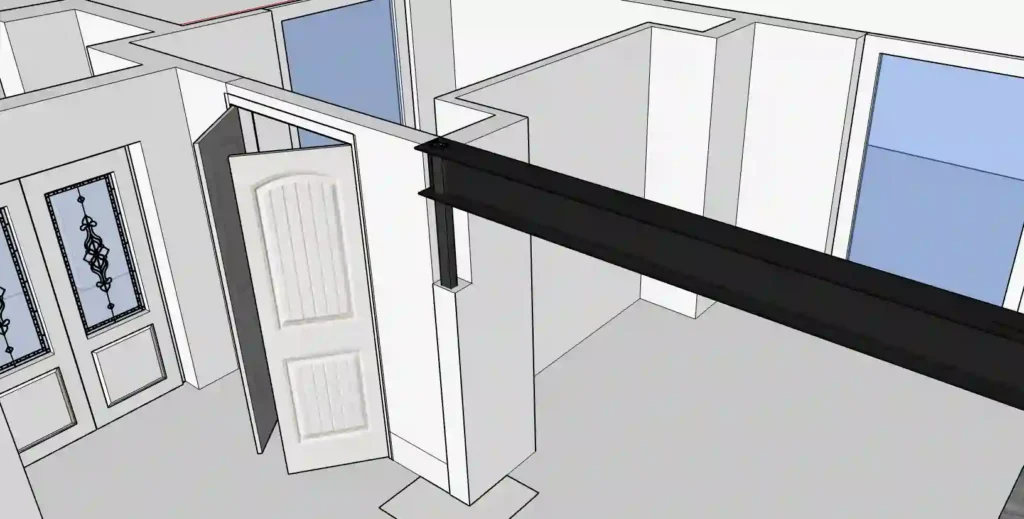 3D rendering of an interior showing the placement of a load-bearing beam above a doorway.