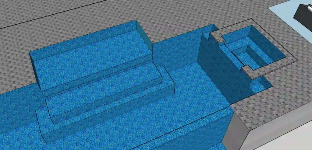 Detailed 3D rendering of a custom swimming pool design with step placements.