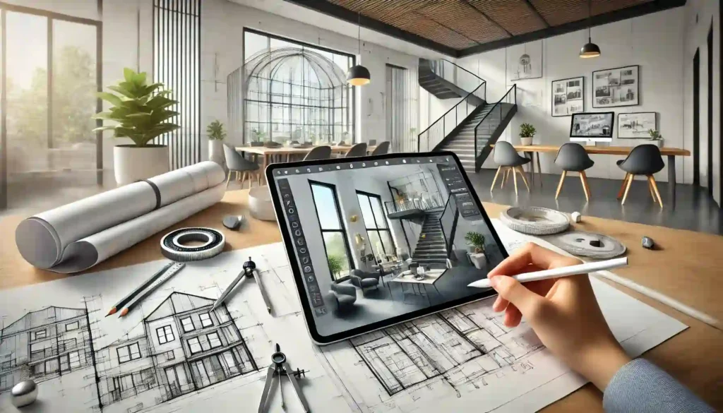 Wide hero image for a Drafting and 3D Consultation service page showing a modern workspace with architectural blueprints, 3D renderings on a screen, and drafting tools, with a hand sketching on a digital tablet.