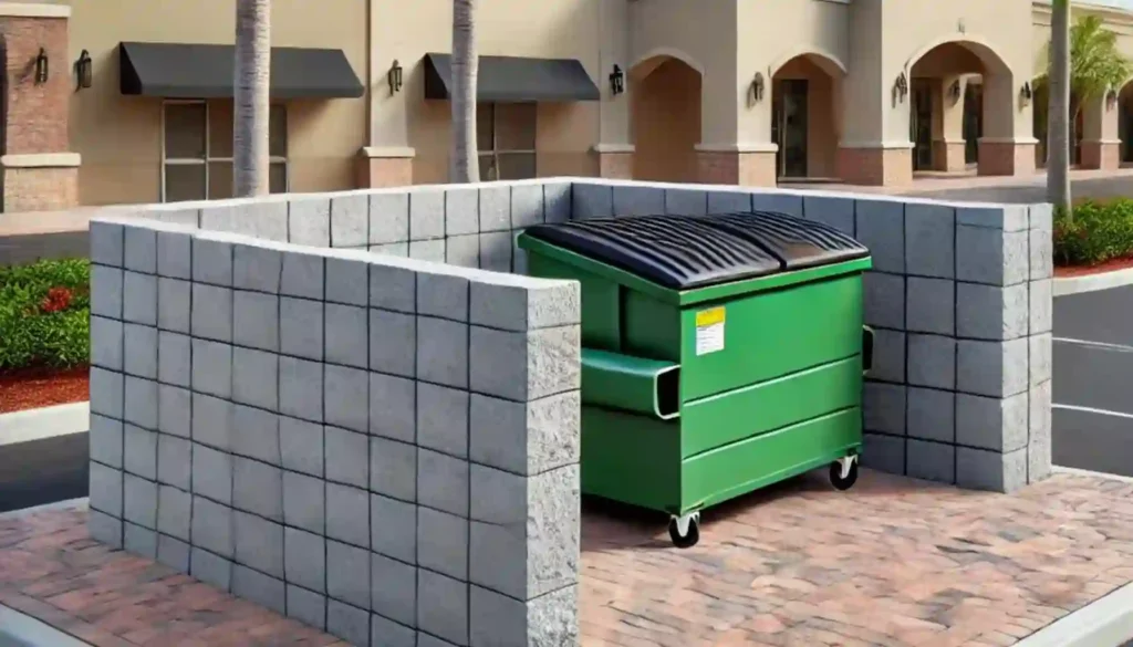 Concrete block dumpster enclosure with three walls surrounding a green dumpster in a shopping plaza.