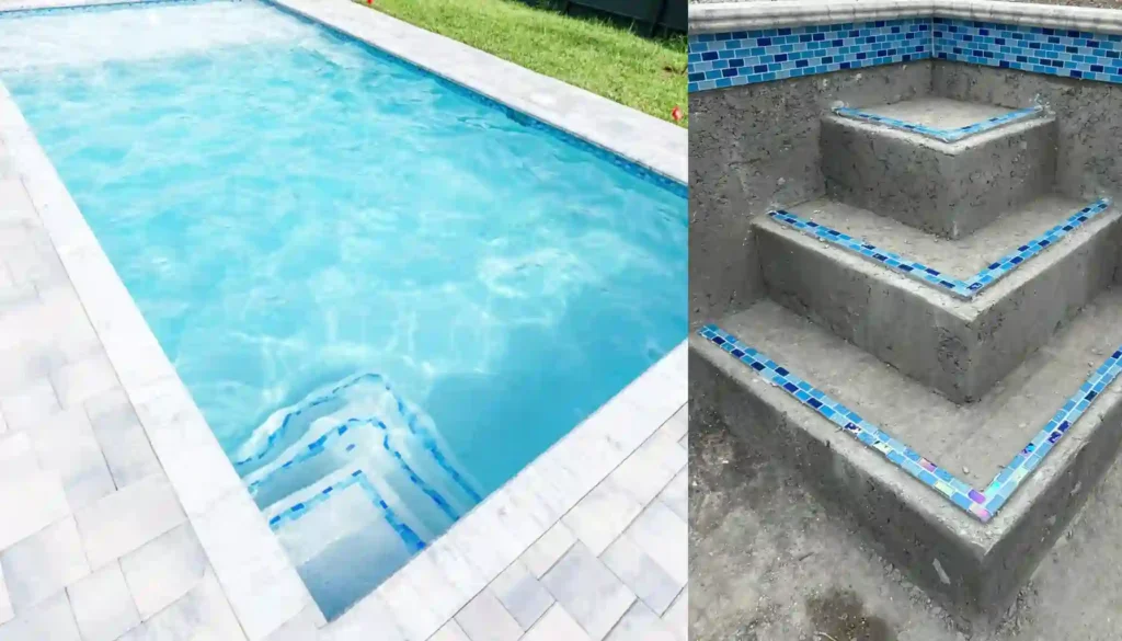 Close-up view of a swimming pool showing blue glass tiles along the waterline and on the pool steps before and after finishing.