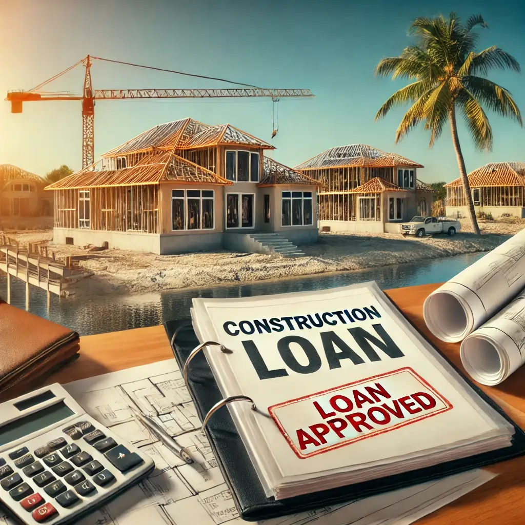 Construction site with homes under construction, crane lifting materials, and palm trees reflecting Southwest Florida landscape. Blueprints and loan-related documents are visible in the foreground, under a bright coastal sky