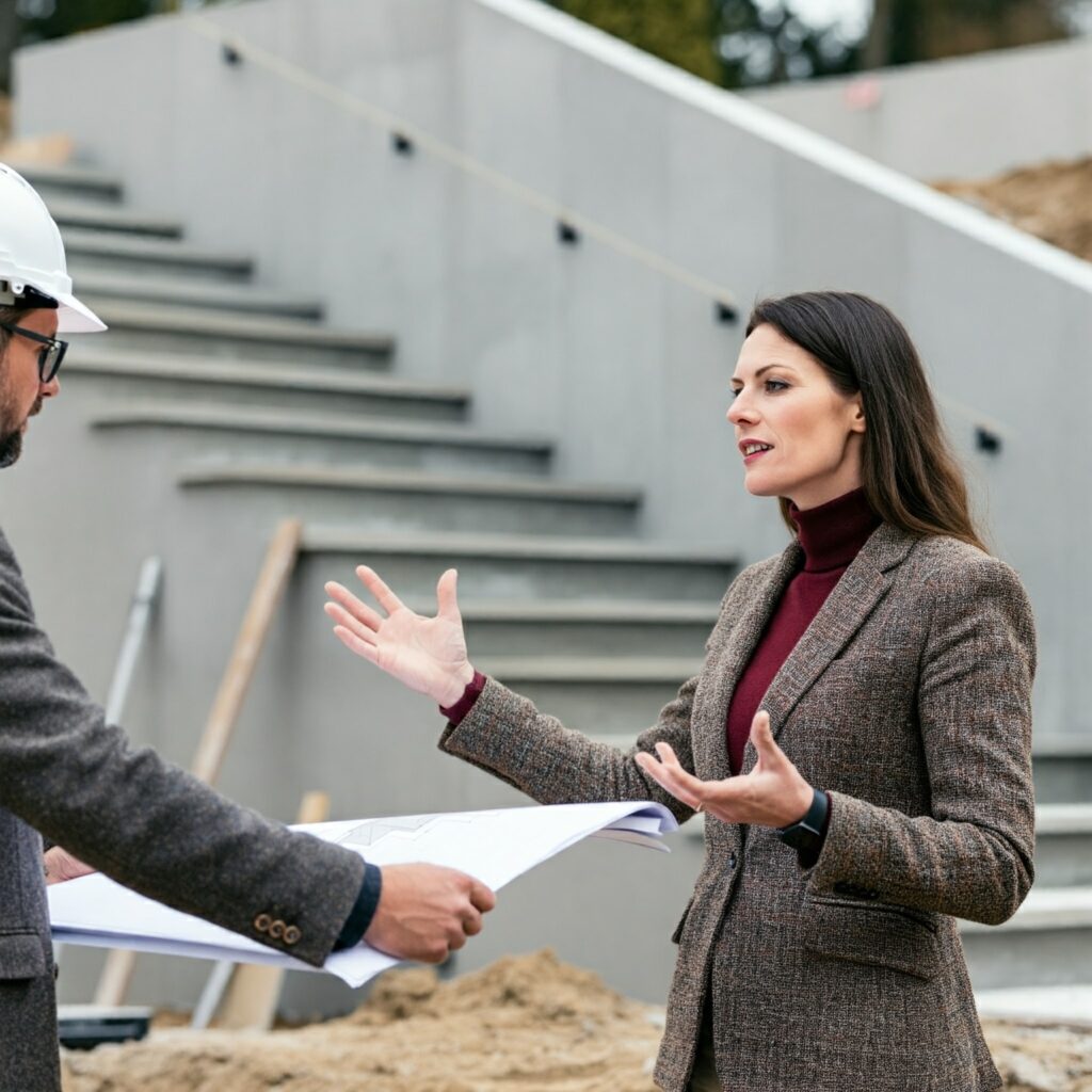 Client and contractor reviewing blueprints and discussing the design of concrete steps."