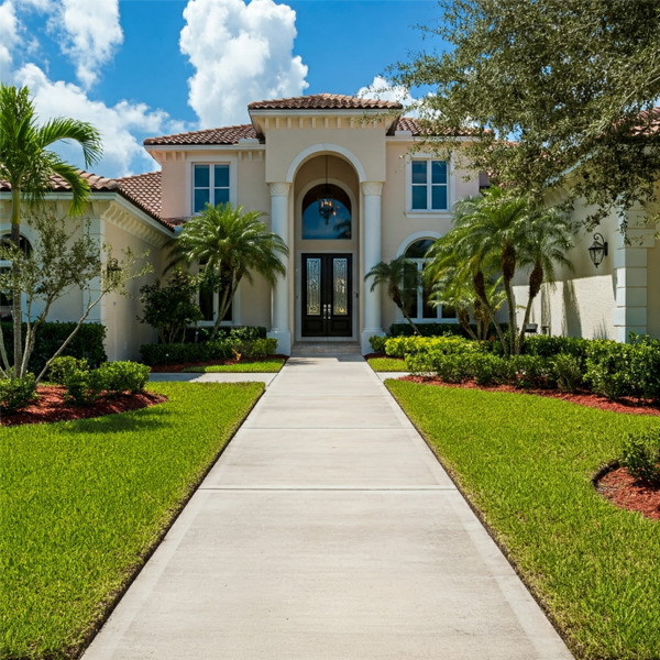 Elegant concrete sidewalks leading to a grand luxury home in Florida, bathed in the midday sun.