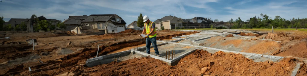 Contractor conducting site evaluation and preparation for concrete foundation construction, ensuring a stable and level base.