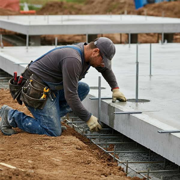 Contractor carefully installing and securing concrete structural slabs, ensuring proper support and stability.