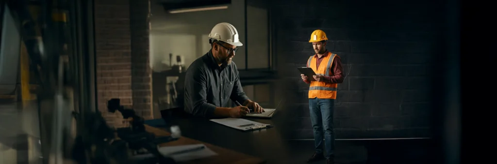 Contractor submitting paperwork for construction permits at a city planning office.