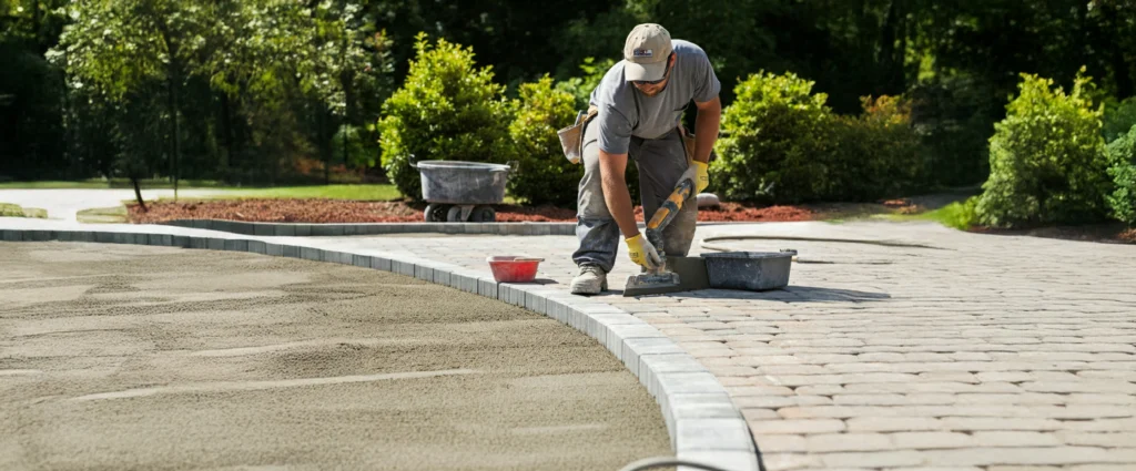 Contractor meticulously installing concrete borders and adding finishing touches to a brick paver driveway, ensuring a polished and professional look.