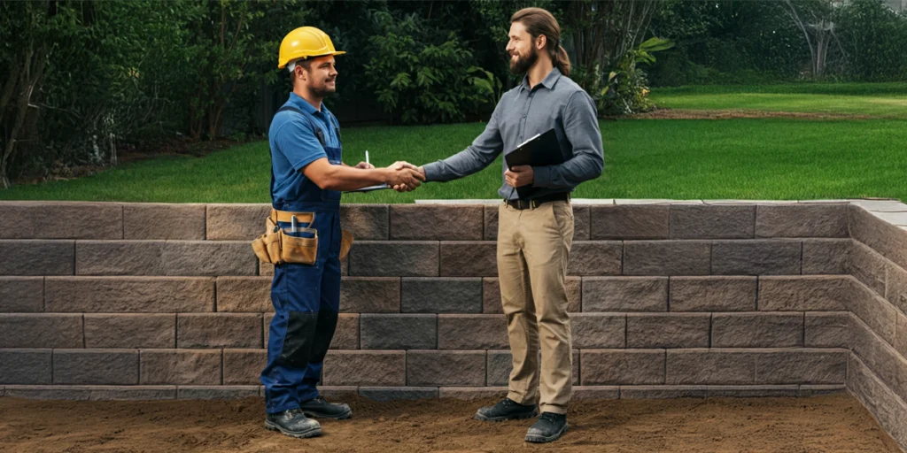 Contractor and client shaking hands in front of a completed retaining wall, symbolizing successful project handover and quality assurance.