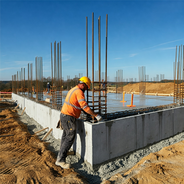 "Skilled contractor installing concrete structural slabs on a sunny construction site, ensuring proper alignment and support