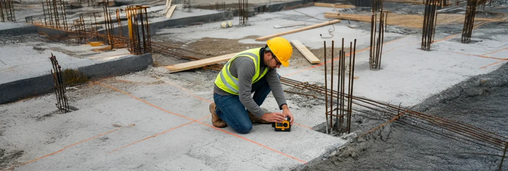 Contractor performing a detailed inspection of a construction site using a laser level.