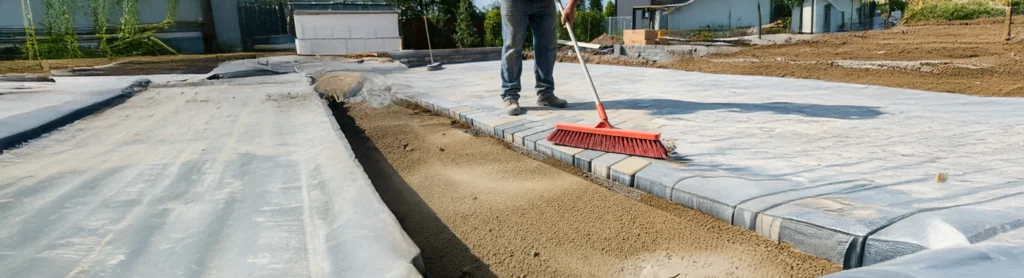 Contractor diligently cleaning up debris and completing the finishing touches on a newly constructed brick paver patio.